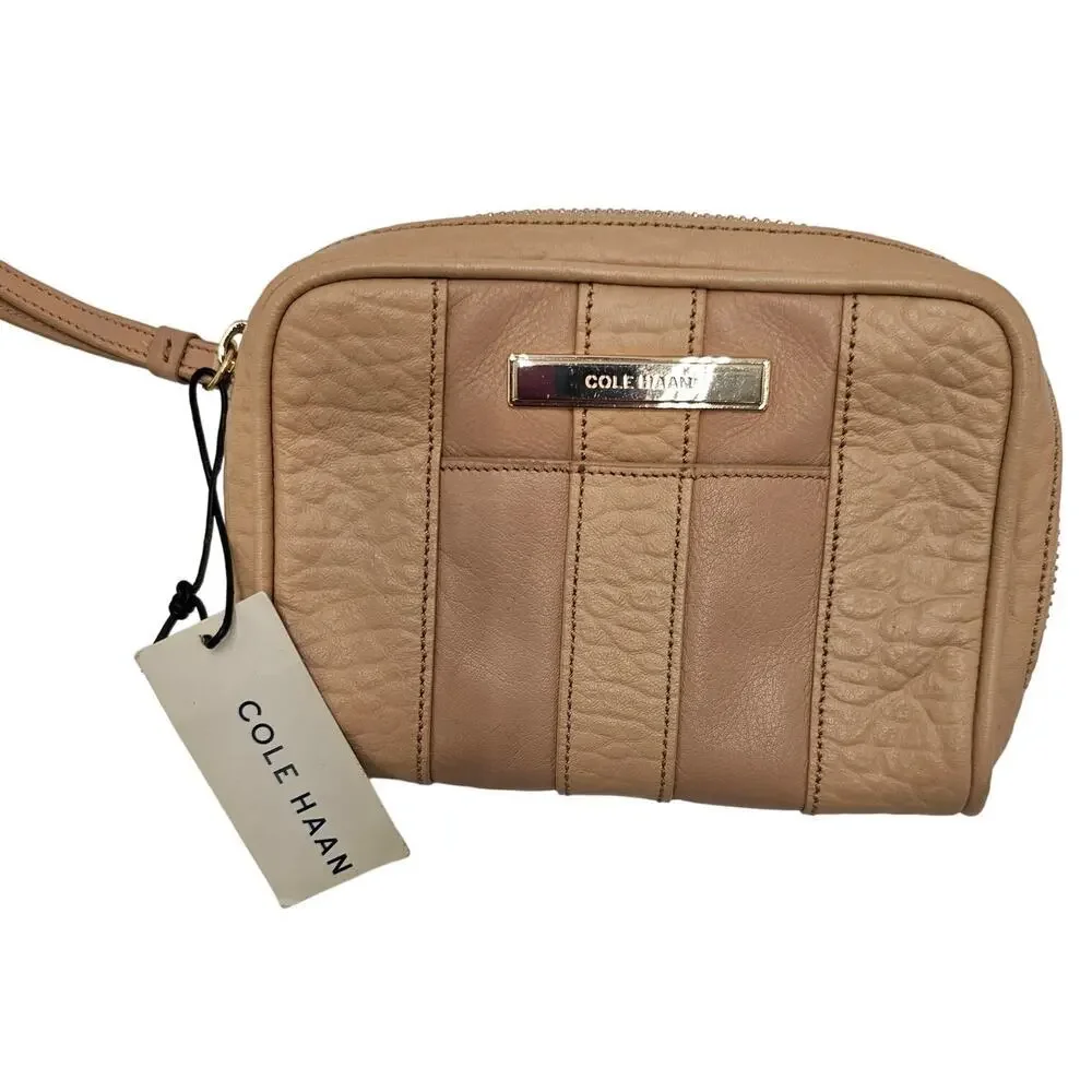 Cole Haan Wristlet Bag Zip Around Purse Leather Neutral Classic Timeless Capsule